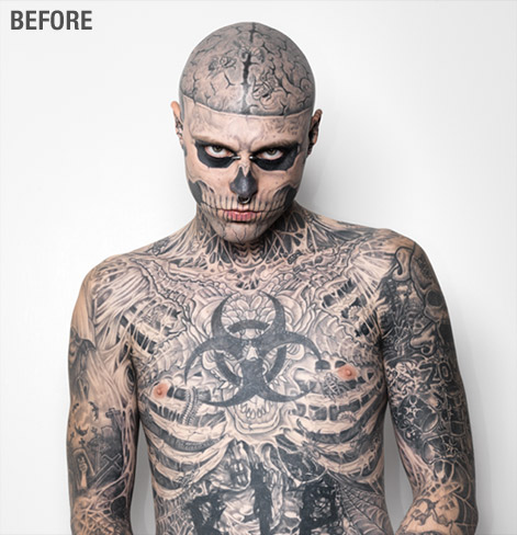 He is in fact heavily tattooed model and performer Rick Genest aka Zombie 