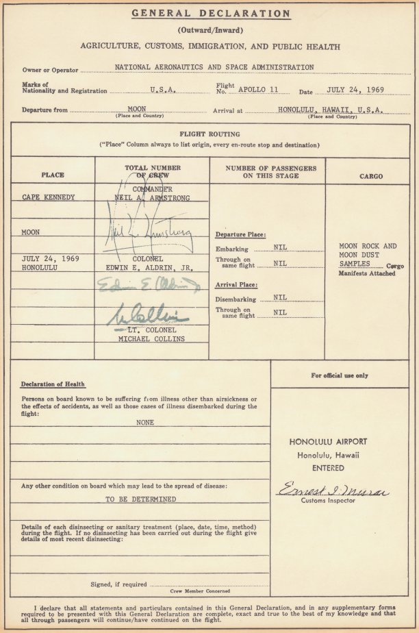 Apollo 11 Customs Declaration Form