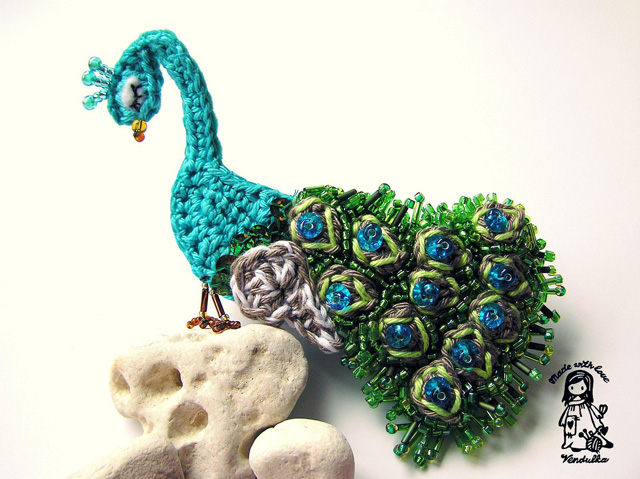 Stunning Crocheted And Beaded Peacock Brooch 1246