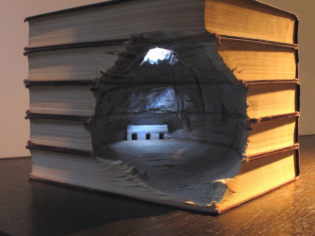 Carved book landscape sculptures by Guy Laramee