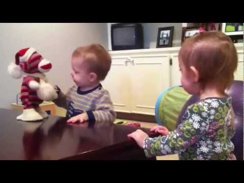 Twin Babies Dance With Musical Toy Monkey Say Uh Oh 