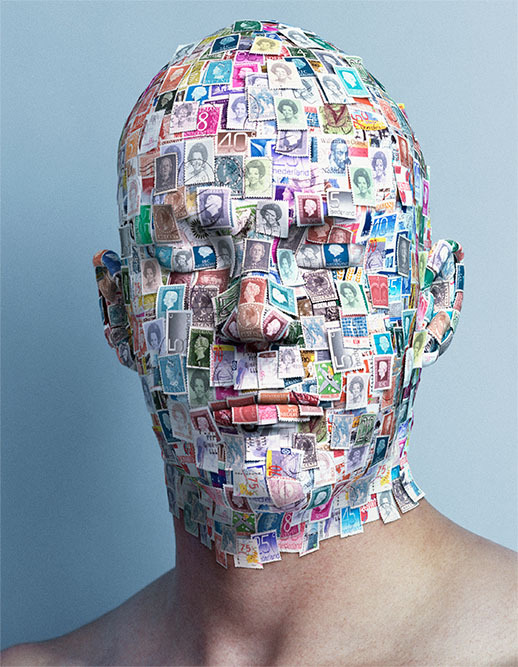 Mister Stamphead, Photo of a Man's Head Covered in Postage Stamps