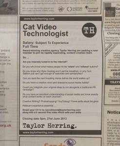 Cat Video Technologist job listing