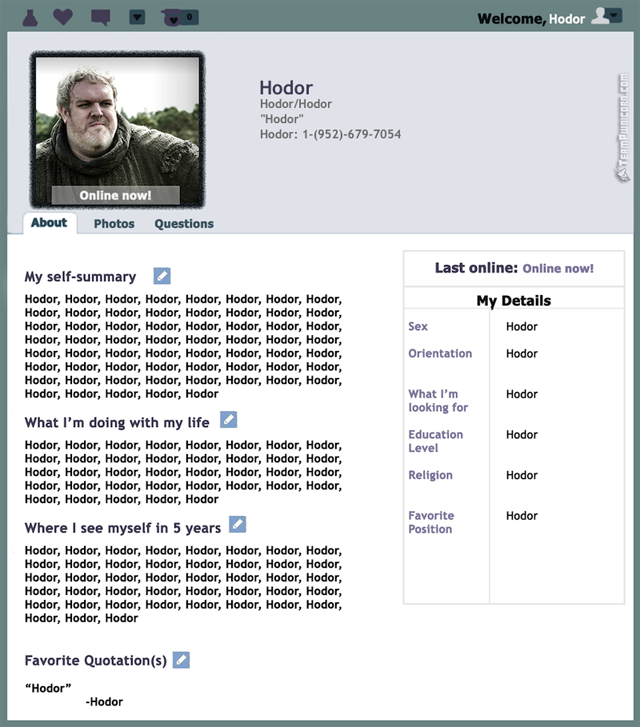 Game of Thrones Dating Profiles – Hodor