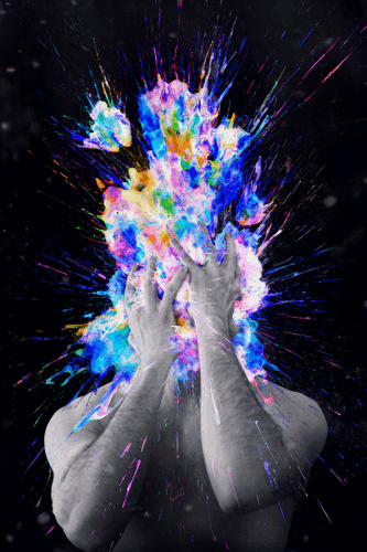 Poom, Illustrations of Explosive Color Obscuring a Person’s Face