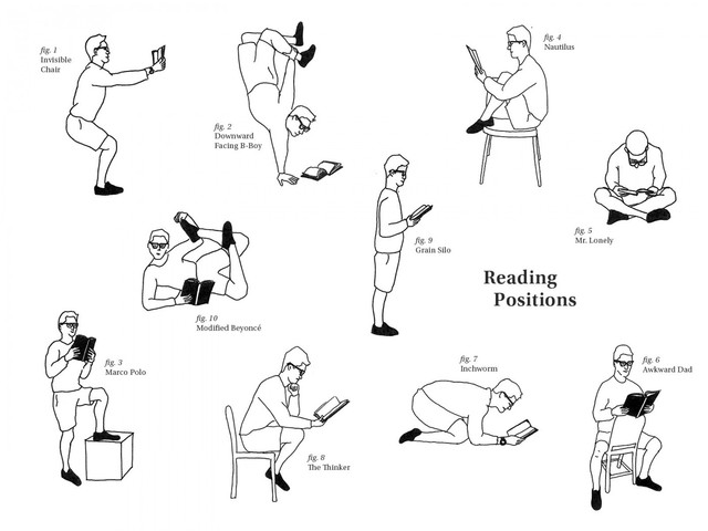 Reading Positions, A Comic Illustrating Funny Yoga-Like Poses for Reading