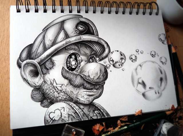 Distroy, Creepy Graphite Drawings of Popular Cartoon & Video Game Characters