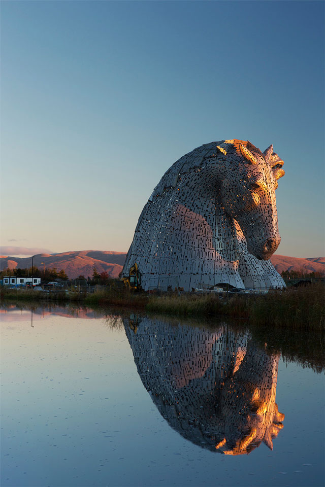The Kelpies, A Pair of Massive Stainless Steel Horse Head Sculptures in