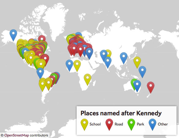 Interactive map of places named after John F. Kennedy