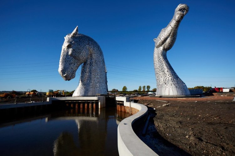 The Kelpies, A Pair of Massive Stainless Steel Horse Head Sculptures in