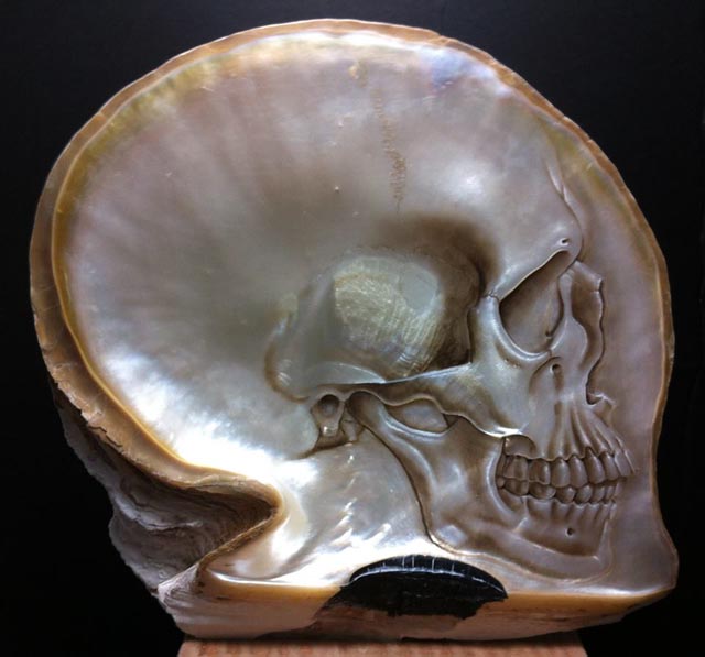 Beautiful Carved and Painted Skull Art in Mother of Pearl