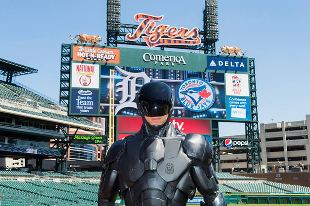 RoboCop Throws the first pitch in Detroit