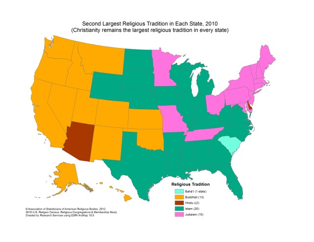 A Map of the Second-Largest Religion in Each State
