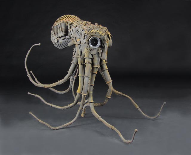 Octopus and Rhino Found Object Sculptures by Jud Turner