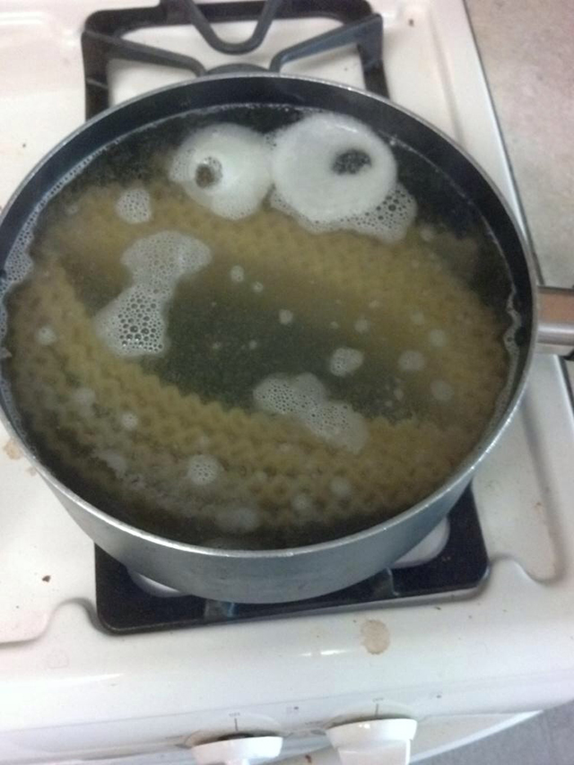 An Image of Cookie Monster Appears in a Pot of Pasta