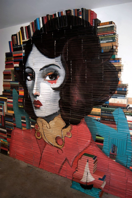 Character Art Painted on Stacks of Books by Mike Stilkey
