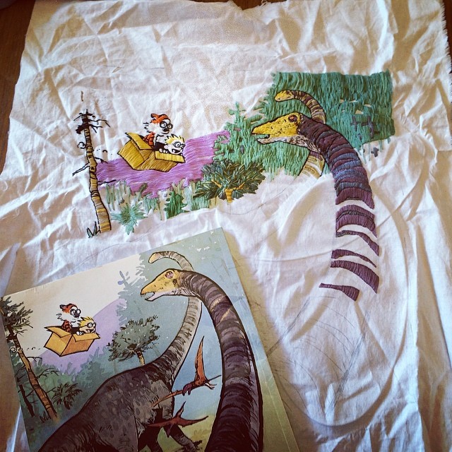 Embroidery of a Calvin and Hobbes Illustration by Laura Hartrich