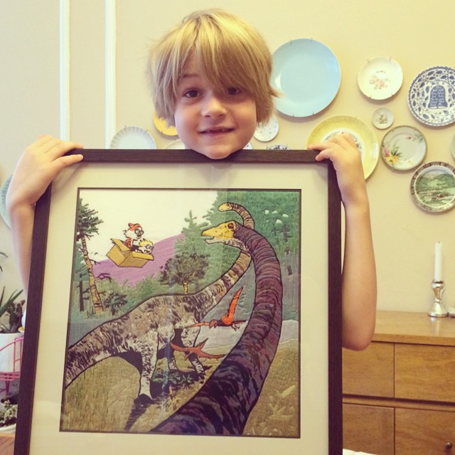 Embroidery of a Calvin and Hobbes Illustration by Laura Hartrich