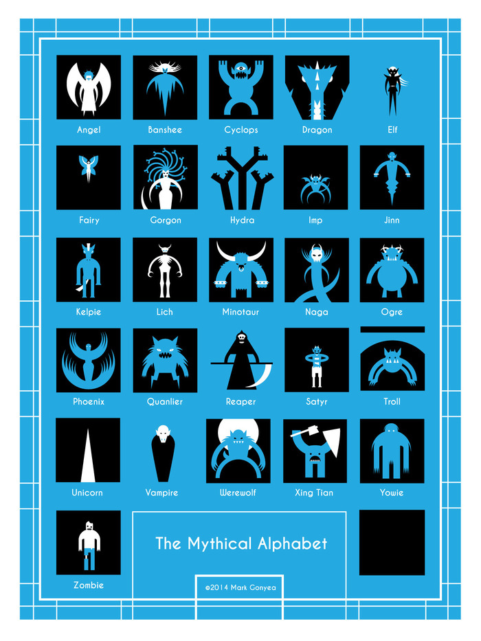 The Mythical Alphabet and Cryptozoology Icon Posters by Mark Gonyea