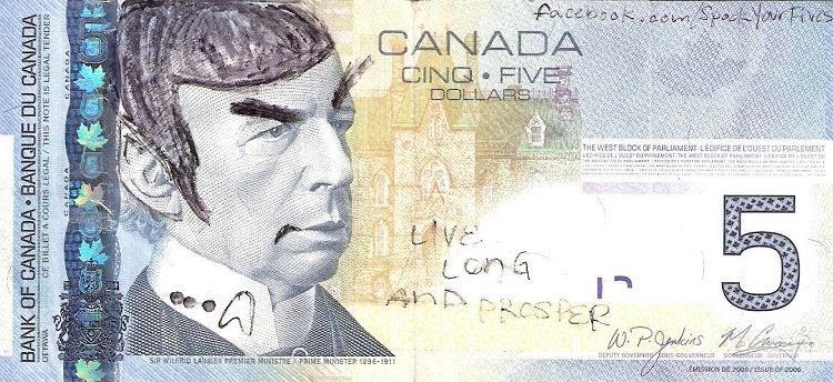Canadian Spock 5 Dollar Notes