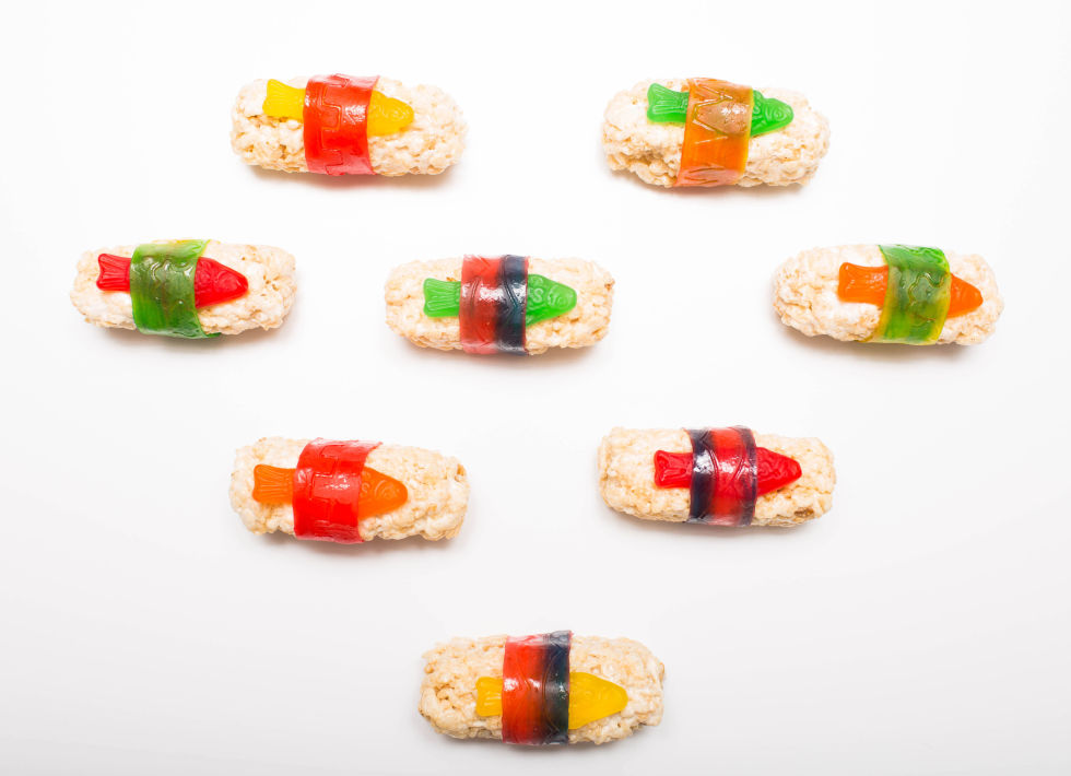 Colorful Candy Sushi Made With Swedish Fish, Rice Krispies Treats, and ...