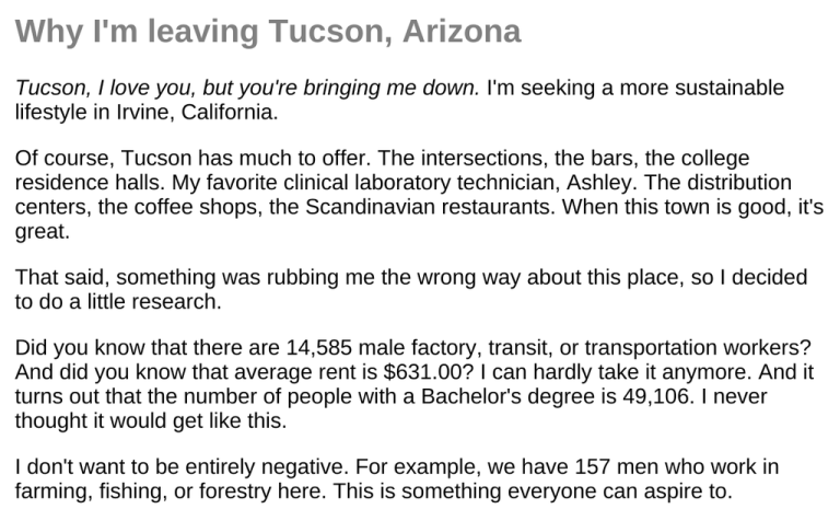 Why I'm Leaving Tucson randomly generated essay