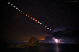 Supermoon and lightning storm composite image