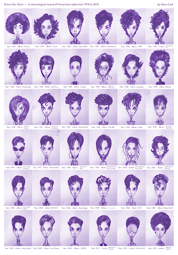 A Brilliant Purple Illustration That Captures Each of Prince's Distinctive  Hairstyles From 1978-2013