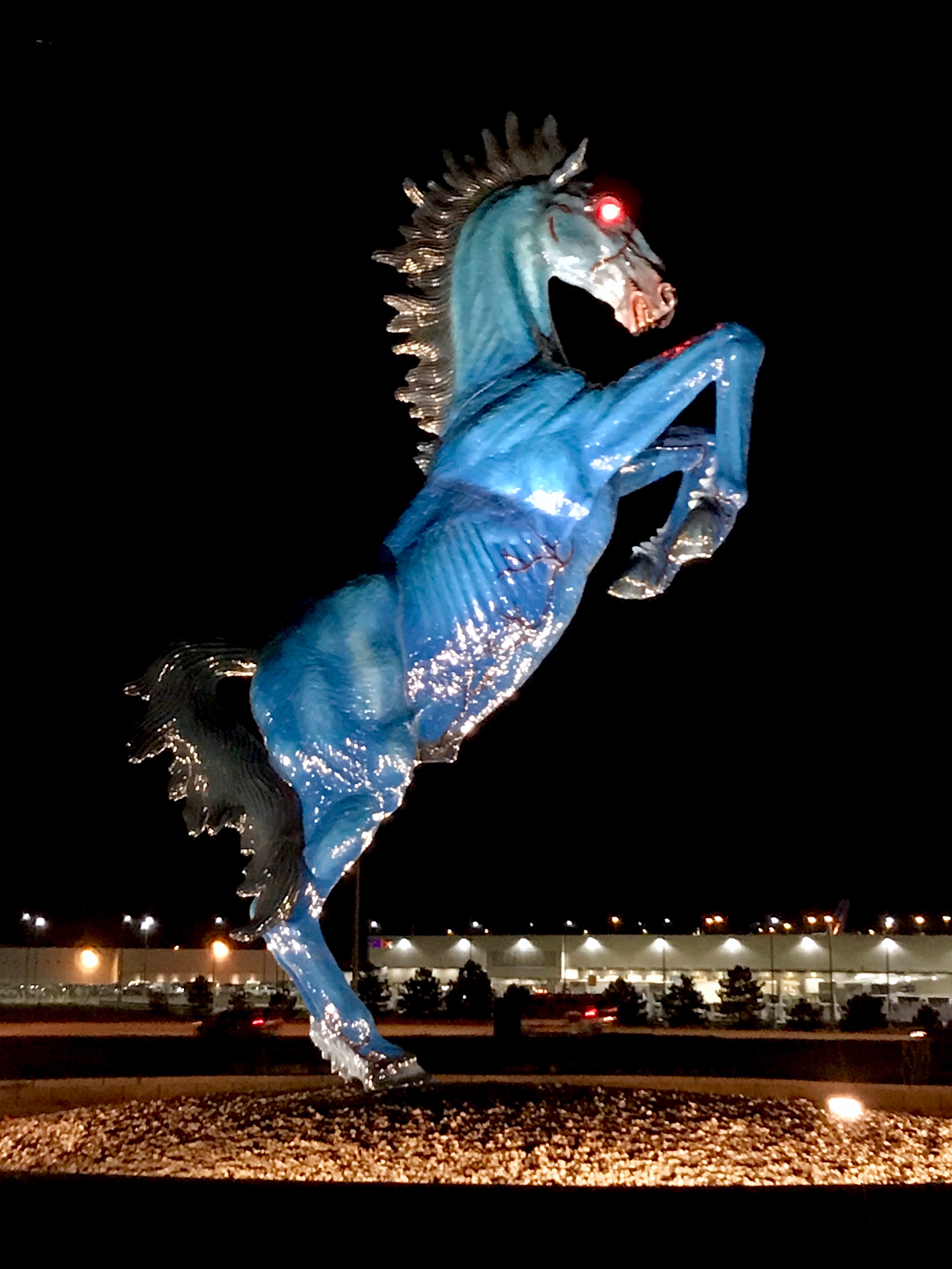 Blue Mustang (Blucifer), The Horse Sculpture With Glowing Red Eyes at