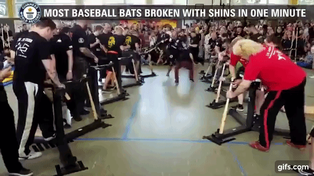 Most bats broken with shins in one minute - Guinness World Records