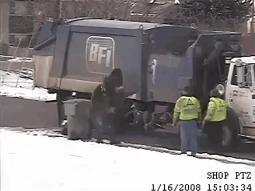 A Guy Adds Hilarious Commentary to a Video of Garbage Men Trying to Throw Away a Trash Can