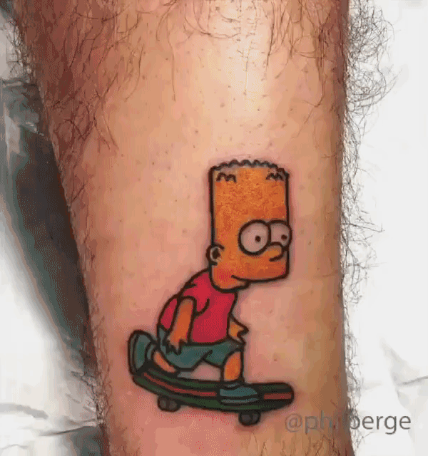 A Stop Motion Animation of Bart Simpson Doing a Kickflip Tattooed on 19 Different People
