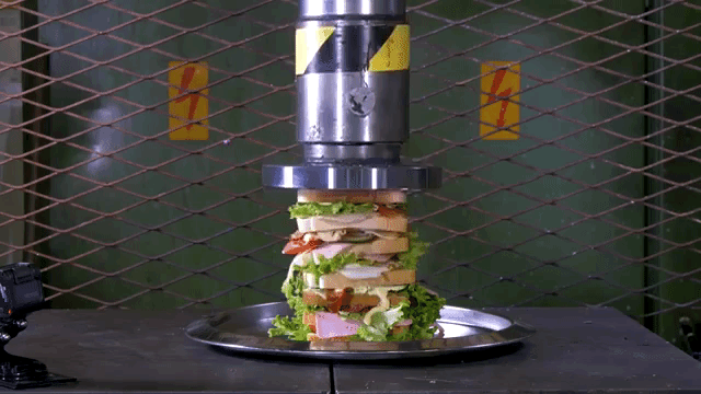 Sandwich Press Exploding Crushing a Huge Stacked Sandwich With a Hydraulic Press