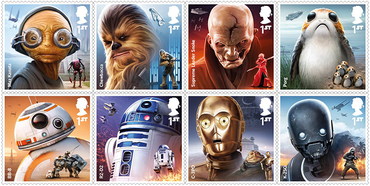 United Kingdom Royal Mail Collectible 'Star Wars' Stamps Featuring New & Classic Droids & Aliens