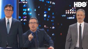 Stephen Colbert and John Oliver Interrupt Jon Stewart