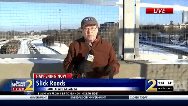 Car Spins Out on Icy Road Right as Live News Reporter Mentions Cars Spinning Out on Icy Roads