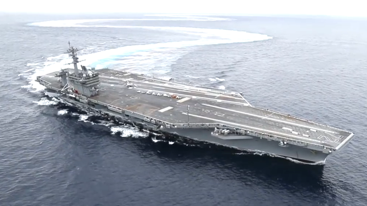 USS Abraham Lincoln Aircraft Carrier Making High Speed Turns and Drifting  in the Atlantic Ocean