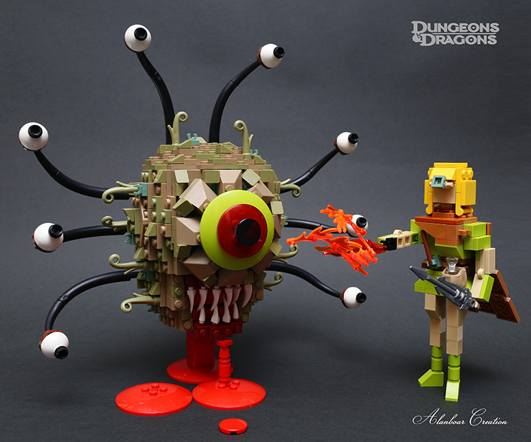 A Terrifying LEGO Beholder Monster and a Humanoid Elf From Dungeons & Dragons
