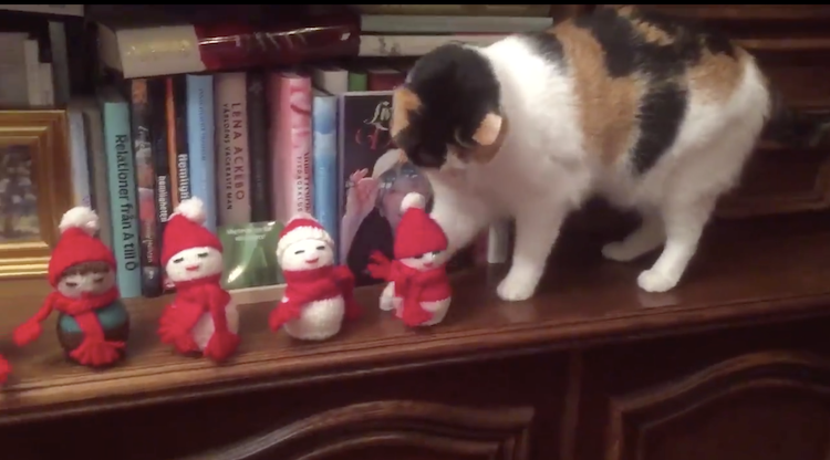Calico Cat Knocks Christmas Figurines Off Shelf