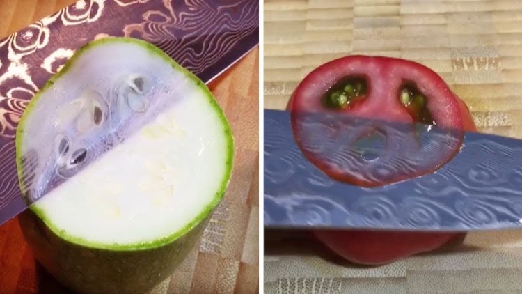 Italian Knife Vendor Slicing Thin Apple Tomato