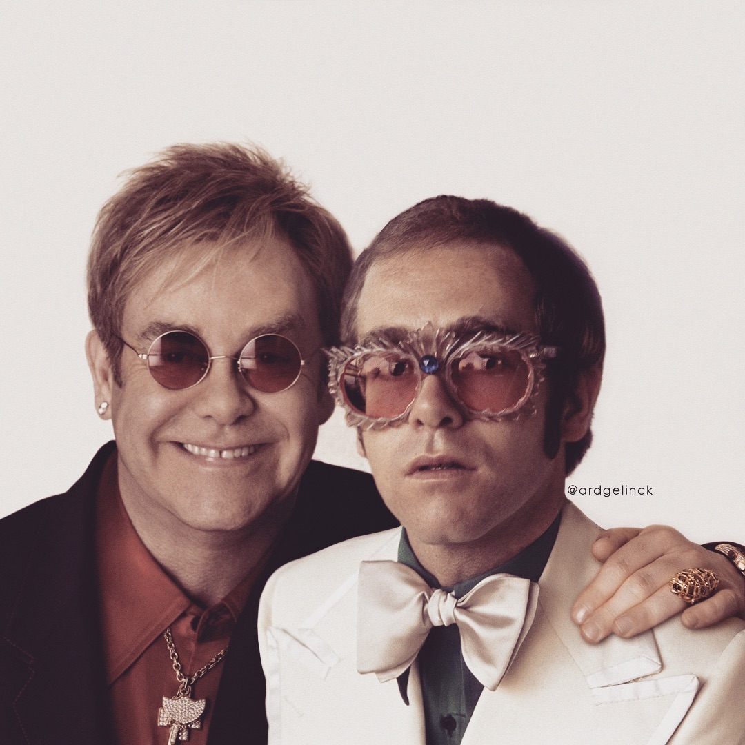 Elton John Posing With Younger Self Ard Gelnick