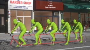 Five Green People Riding a Bicycle NYC 3D