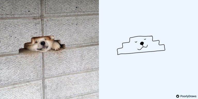 Poorly Drawn Dog Peeking Through Brick Wall