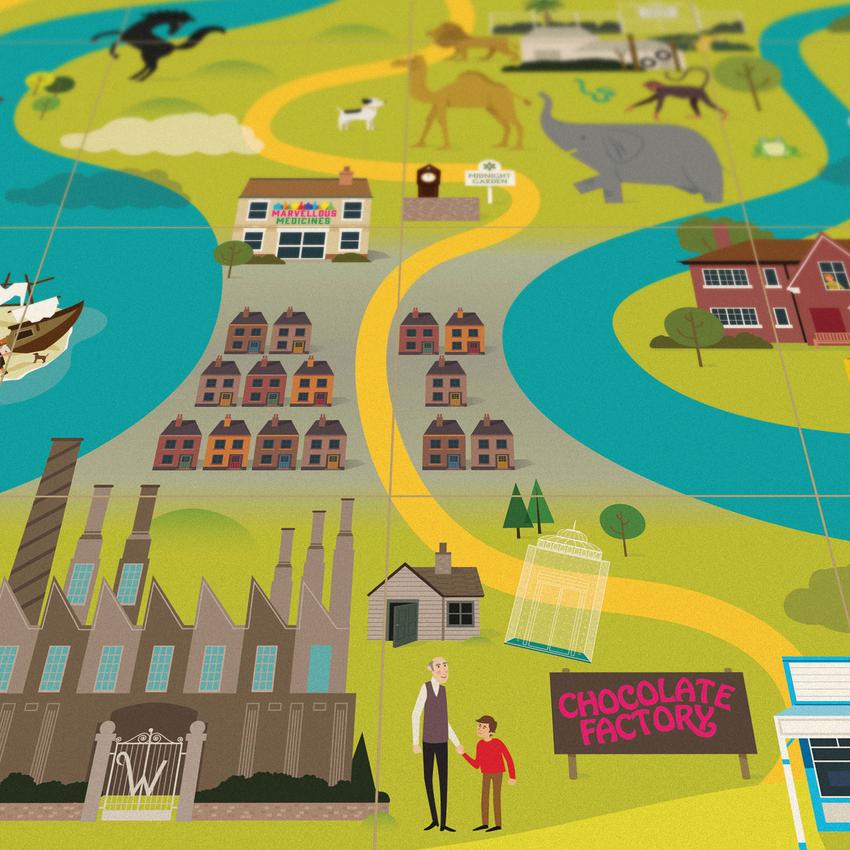 A Colorfully Illustrated Map That Celebrates The Magic Of Children S   Childrens Book Map Chocolate Factory 