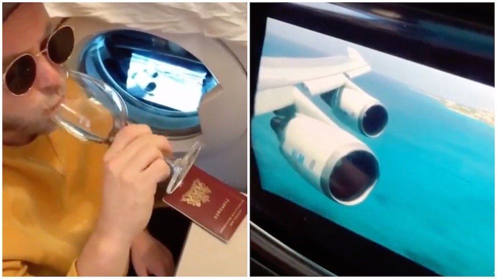 Man Enjoys a Glass of Wine as His Plane Appears to Make Its Final