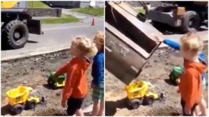 Excavator Fills Childrens Dump Trucks With Dirt