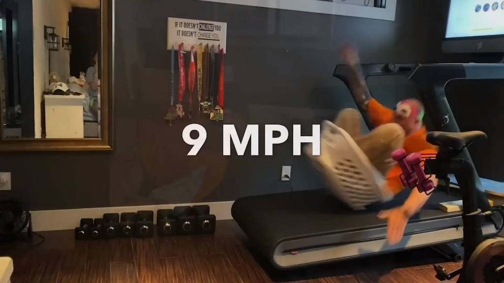 Dad Rides Laundry Basket at 9MPH on Treadmill