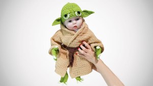 Hand Knit Baby Yoda Costume Held