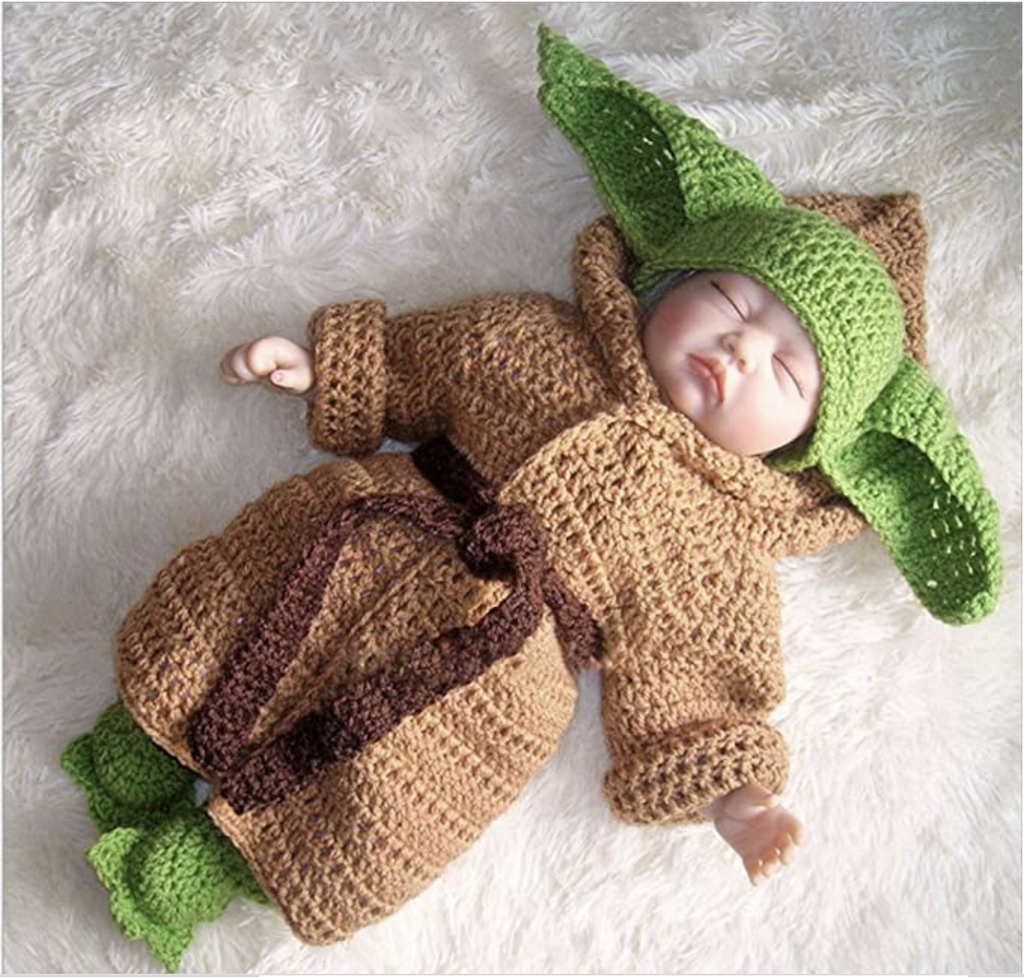 Hand Knit Baby Yoda Costume Sleeping