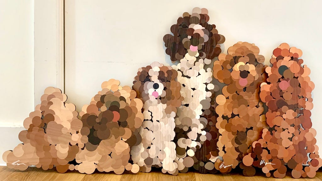 Pointillist Wooden Dog Sculptures
